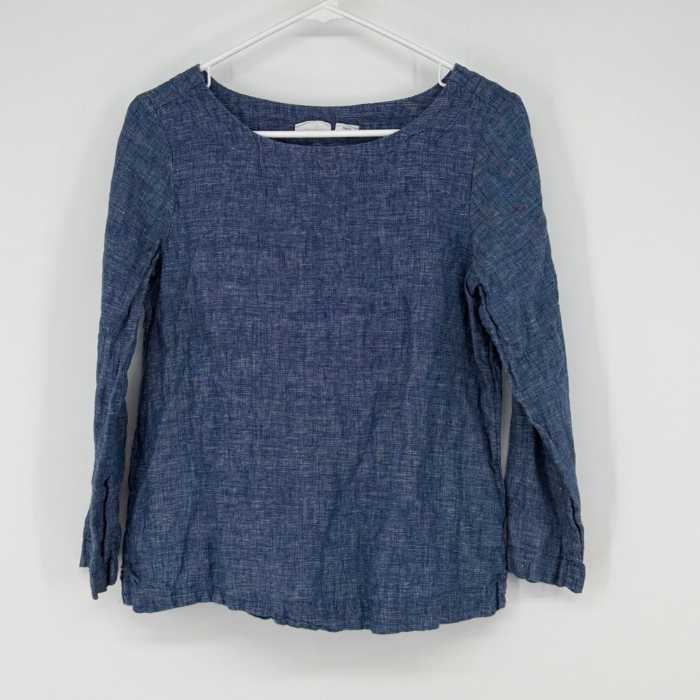 Sigrid Olsen Blue 100% Linen Long Sleeve Boat‎ Neck Top Womens Size S Resort